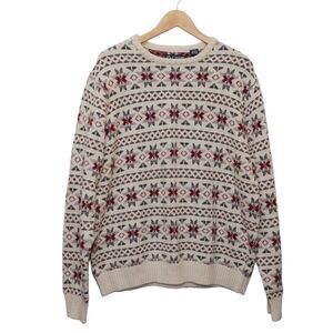 Chaps XL Beige Fair Isle Sweater Crewneck Knit Pullover Winter Snowflake Pattern